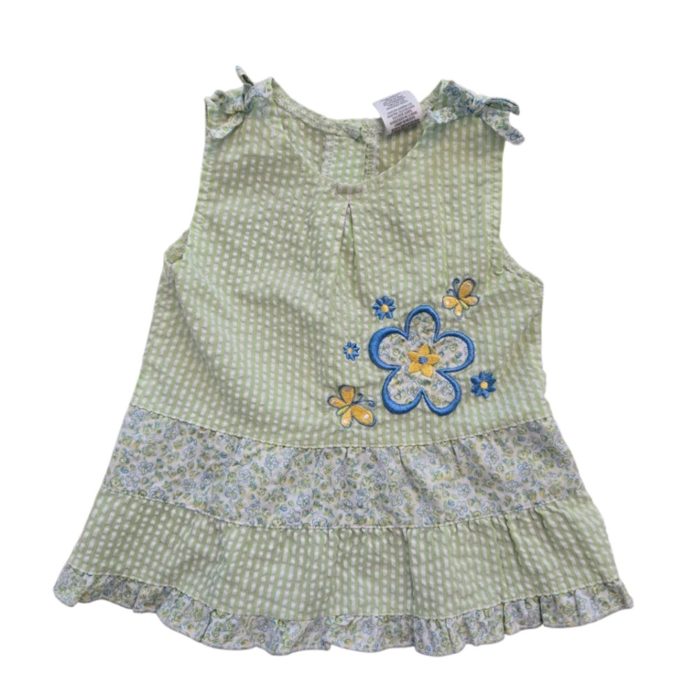 Fisher Price Green Floral Gingham Dress with Blue and Yellow Embroidered Accents